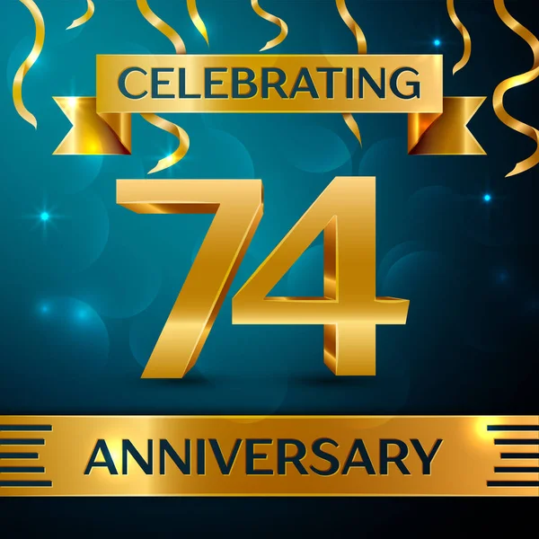 Gerçekçi yetmiş dört yıl yıldönümü kutlama tasarım. Altın konfeti ve mavi zemin üzerine altın şerit. Doğum günü partin için renkli vektör şablon öğeleri