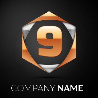 Altın Number Nine logo simge renkli altın gümüş siyah arka plan üzerine altıgen. Tasarımınız için vektör şablonu
