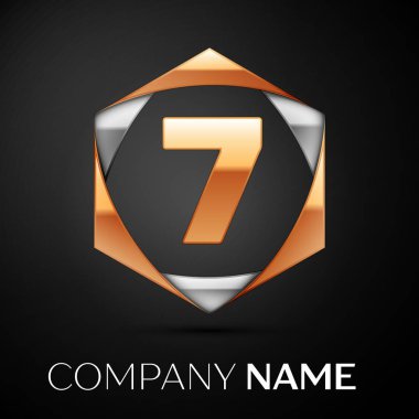 Altın yedi numara logo sembol renkli altın gümüş siyah arka plan üzerine altıgen. Tasarımınız için vektör şablonu