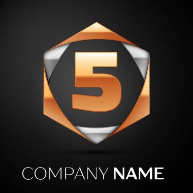 Altın beş numara logo sembol renkli altın gümüş siyah arka plan üzerine altıgen. Tasarımınız için vektör şablonu