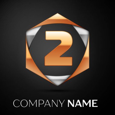 Altın iki numara logo sembol renkli altın gümüş siyah arka plan üzerine altıgen. Tasarımınız için vektör şablonu