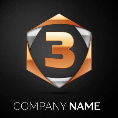 Altın üç numara logo sembol renkli altın gümüş siyah arka plan üzerine altıgen. Tasarımınız için vektör şablonu