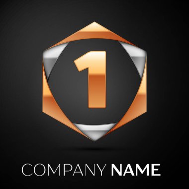 Renkli altın gümüş siyah arka plan üzerine altıgen altın bir logo simge. Tasarımınız için vektör şablonu