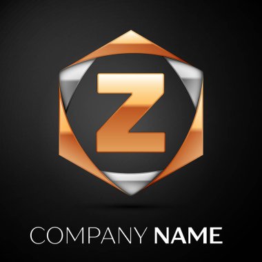 Renkli altın gümüş siyah arka plan üzerine altıgen altın harf Z logo simge. Tasarımınız için vektör şablonu