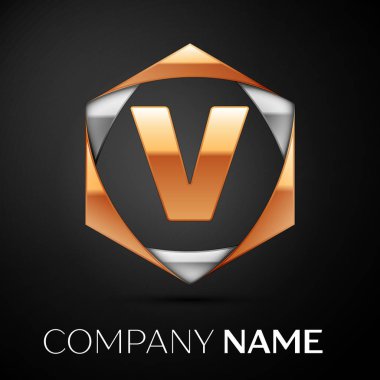 Renkli altın gümüş siyah arka plan üzerine altıgen altın harf V logo simge. Tasarımınız için vektör şablonu