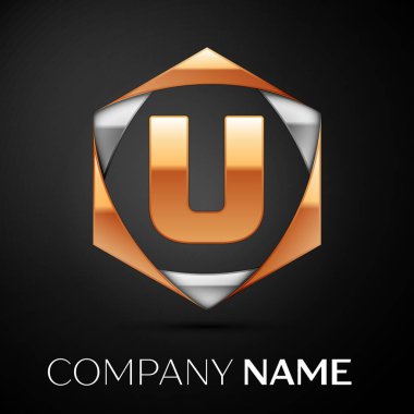 Renkli altın gümüş siyah arka plan üzerine altıgen altın harf U logo simge. Tasarımınız için vektör şablonu
