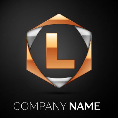 Renkli altın gümüş siyah arka plan üzerine altıgen altın L harfi logo simge. Tasarımınız için vektör şablonu