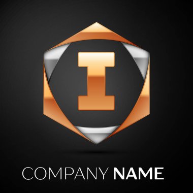 Altın renkli altın gümüş siyah arka plan üzerine altıgen logo simge harf ı. Tasarımınız için vektör şablonu