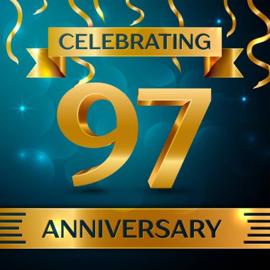 Gerçekçi doksan yedi yıl yıldönümü kutlama tasarım. Altın konfeti ve mavi zemin üzerine altın şerit. Doğum günü partin için renkli vektör şablon öğeleri