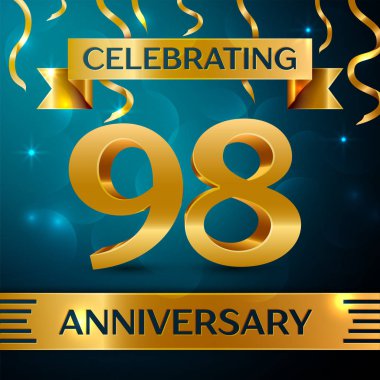 Gerçekçi doksan sekiz yıl yıldönümü kutlama tasarım. Altın konfeti ve mavi zemin üzerine altın şerit. Doğum günü partin için renkli vektör şablon öğeleri