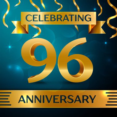 Gerçekçi doksan altı yıl yıldönümü kutlama tasarım. Altın konfeti ve mavi zemin üzerine altın şerit. Doğum günü partin için renkli vektör şablon öğeleri