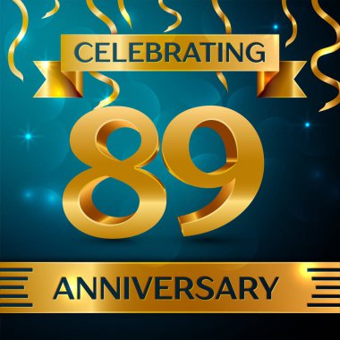 Gerçekçi seksen dokuz yıl yıldönümü kutlama tasarım. Altın konfeti ve mavi zemin üzerine altın şerit. Doğum günü partin için renkli vektör şablon öğeleri