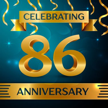 Gerçekçi seksen altı yıl yıldönümü kutlama tasarım. Altın konfeti ve mavi zemin üzerine altın şerit. Doğum günü partin için renkli vektör şablon öğeleri