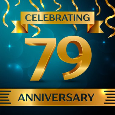 Gerçekçi yetmiş dokuz yıl yıldönümü kutlama tasarım. Altın konfeti ve mavi zemin üzerine altın şerit. Doğum günü partin için renkli vektör şablon öğeleri