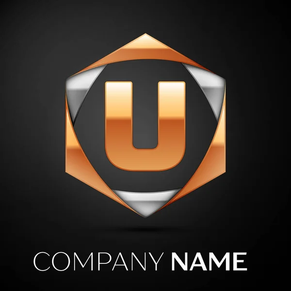 Letra de oro símbolo del logotipo de U en el colorido hexagonal de oro y plata sobre fondo negro. Plantilla vectorial para su diseño — Vector de stock