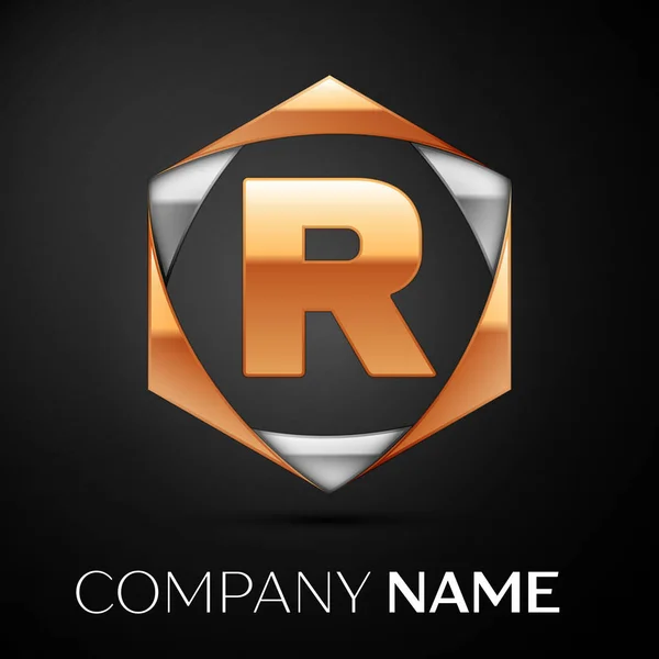 Золота літера R логотип символ в барвистому золотисто-срібному шестикутнику на чорному тлі. Векторний шаблон вашого дизайну — стоковий вектор