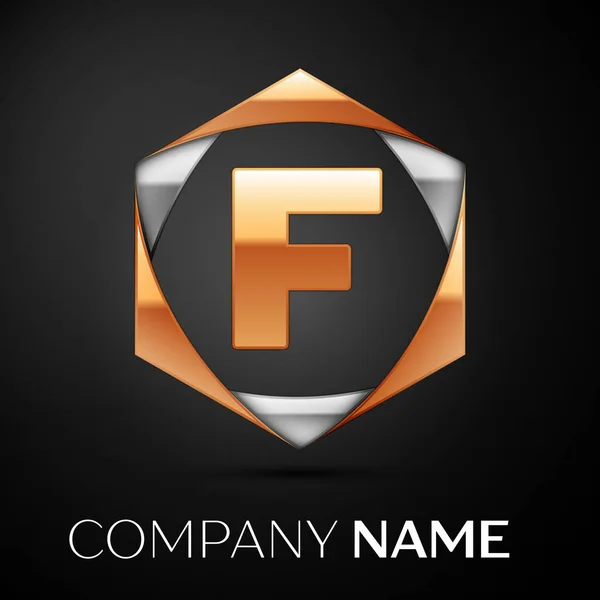 Złote litery F logo symbol kolorowy złoto-srebrne sześciokątne na czarnym tle. Wektor szablon dla Twojego projektu — Wektor stockowy