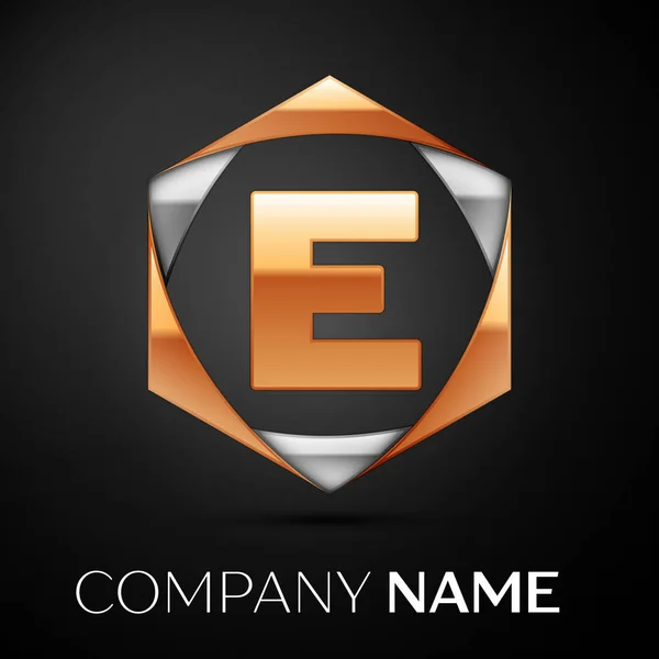 Zlaté logo symbol písmeno E v barevné zlatá stříbrná imbus na černém pozadí. Vektor šablona pro návrh — Stockový vektor