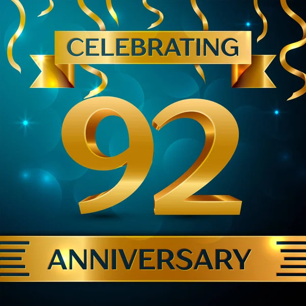 Gerçekçi doksan iki yıl yıldönümü kutlama tasarım. Altın konfeti ve mavi zemin üzerine altın şerit. Doğum günü partin için renkli vektör şablon öğeleri