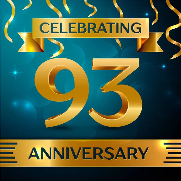 Gerçekçi doksan üç yıl yıldönümü kutlama tasarım. Altın konfeti ve mavi zemin üzerine altın şerit. Doğum günü partin için renkli vektör şablon öğeleri