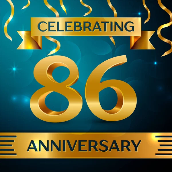 Gerçekçi seksen altı yıl yıldönümü kutlama tasarım. Altın konfeti ve mavi zemin üzerine altın şerit. Doğum günü partin için renkli vektör şablon öğeleri