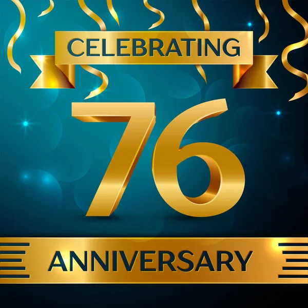 Gerçekçi yetmiş altı yıl yıldönümü kutlama tasarım. Altın konfeti ve mavi zemin üzerine altın şerit. Doğum günü partin için renkli vektör şablon öğeleri