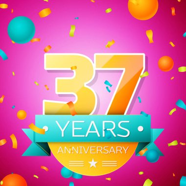 Gerçekçi otuz yedi yıl yıldönümü kutlamaları tasarım afiş. Altın numaraları ve mavi kurdele, balon, konfeti pembe bir arka plan üzerinde. Doğum günü partin için renkli vektör şablon öğeleri
