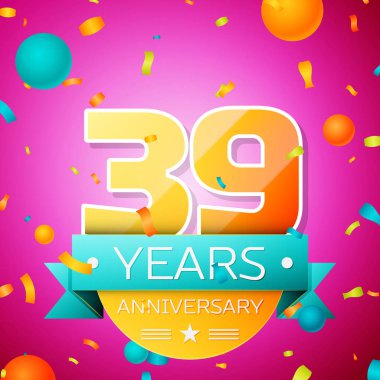 Gerçekçi otuz dokuz yıl yıldönümü kutlamaları tasarım afiş. Altın numaraları ve mavi kurdele, balon, konfeti pembe bir arka plan üzerinde. Doğum günü partin için renkli vektör şablon öğeleri