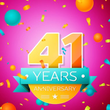 Gerçekçi kırk bir yıl yıldönümü kutlamaları tasarım afiş. Altın numaraları ve mavi kurdele, balon, konfeti pembe bir arka plan üzerinde. Doğum günü partin için renkli vektör şablon öğeleri
