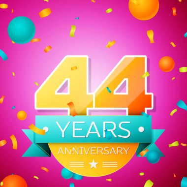 Gerçekçi kırk dört yıl yıldönümü kutlamaları tasarım afiş. Altın numaraları ve mavi kurdele, balon, konfeti pembe bir arka plan üzerinde. Doğum günü partin için renkli vektör şablon öğeleri