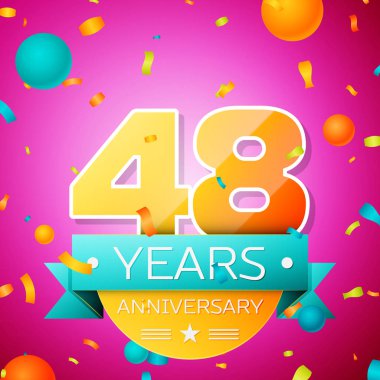 Gerçekçi kırk sekiz yıl yıldönümü kutlamaları tasarım afiş. Altın numaraları ve mavi kurdele, balon, konfeti pembe bir arka plan üzerinde. Doğum günü partin için renkli vektör şablon öğeleri