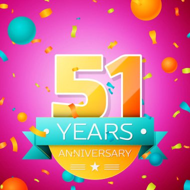 Gerçekçi elli bir yıl yıldönümü kutlamaları tasarım afiş. Altın numaraları ve mavi kurdele, balon, konfeti pembe bir arka plan üzerinde. Doğum günü partin için renkli vektör şablon öğeleri