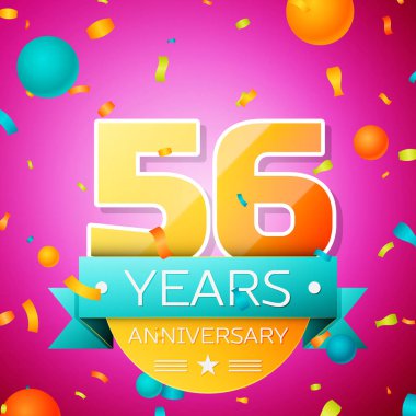 Gerçekçi elli altı yıl yıldönümü kutlamaları tasarım afiş. Altın numaraları ve mavi kurdele, balon, konfeti pembe bir arka plan üzerinde. Doğum günü partin için renkli vektör şablon öğeleri