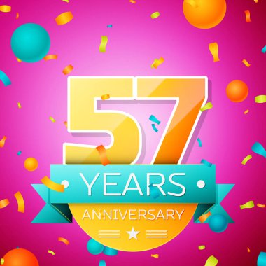 Gerçekçi elli yedi yıl yıldönümü kutlamaları tasarım afiş. Altın numaraları ve mavi kurdele, balon, konfeti pembe bir arka plan üzerinde. Doğum günü partin için renkli vektör şablon öğeleri