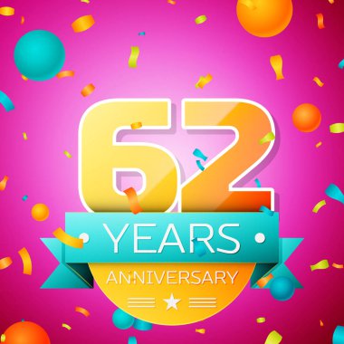Gerçekçi altmış iki yıl yıldönümü kutlamaları tasarım afiş. Altın numaraları ve mavi kurdele, balon, konfeti pembe bir arka plan üzerinde. Doğum günü partin için renkli vektör şablon öğeleri