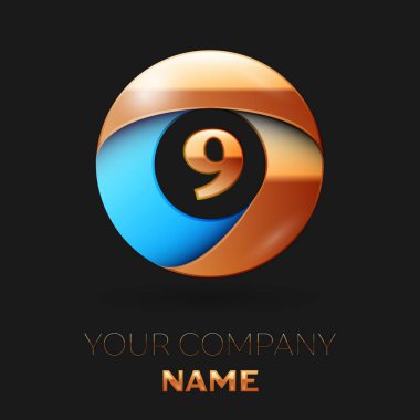 Gerçekçi altın Number Nine logo sembol siyah arka plan üzerinde renkli altın-mavi daire şeklinde. Tasarımınız için vektör şablonu
