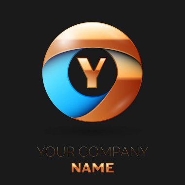 Gerçekçi altın harf Y logo sembol siyah arka plan üzerinde renkli altın-mavi daire şeklinde. Tasarımınız için vektör şablonu