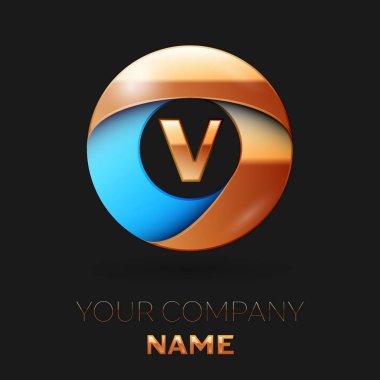 Gerçekçi altın harf V logo sembol siyah arka plan üzerinde renkli altın-mavi daire şeklinde. Tasarımınız için vektör şablonu