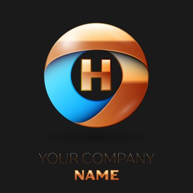 Gerçekçi altın H harfi logo sembol siyah arka plan üzerinde renkli altın-mavi daire şeklinde. Tasarımınız için vektör şablonu