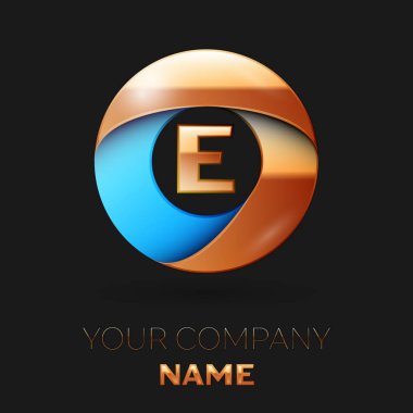 Gerçekçi altın harf E logo sembol siyah arka plan üzerinde renkli altın-mavi daire şeklinde. Tasarımınız için vektör şablonu