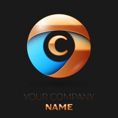 Gerçekçi altın harfi C logo sembol siyah arka plan üzerinde renkli altın-mavi daire şeklinde. Tasarımınız için vektör şablonu