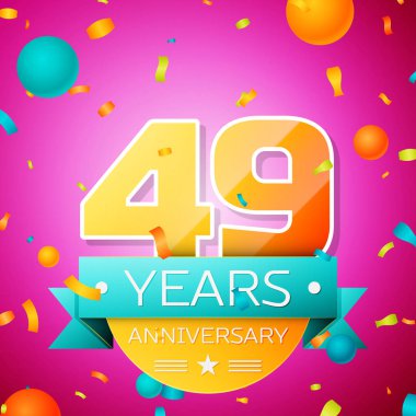 Gerçekçi kırk dokuz yıl yıldönümü kutlamaları tasarım afiş. Altın numaraları ve mavi kurdele, balon, konfeti pembe bir arka plan üzerinde. Doğum günü partin için renkli vektör şablon öğeleri