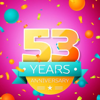 Gerçekçi elli üç yıl yıldönümü kutlamaları tasarım afiş. Altın numaraları ve mavi kurdele, balon, konfeti pembe bir arka plan üzerinde. Doğum günü partin için renkli vektör şablon öğeleri