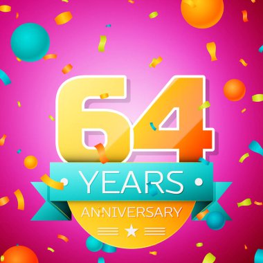 Gerçekçi altmış dört yıl yıldönümü kutlamaları tasarım afiş. Altın numaraları ve mavi kurdele, balon, konfeti pembe bir arka plan üzerinde. Doğum günü partin için renkli vektör şablon öğeleri