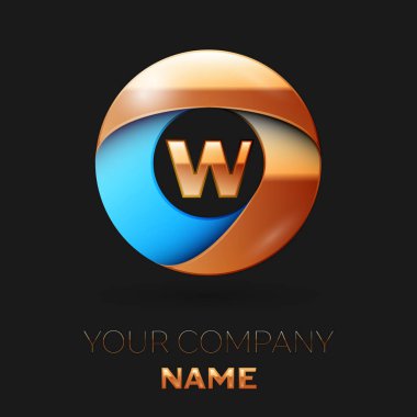 Gerçekçi altın harf W logo sembol siyah arka plan üzerinde renkli altın-mavi daire şeklinde. Tasarımınız için vektör şablonu