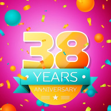 Gerçekçi otuz sekiz yıl yıldönümü kutlamaları tasarım afiş. Altın numaraları ve mavi kurdele, balon, konfeti pembe bir arka plan üzerinde. Doğum günü partin için renkli vektör şablon öğeleri