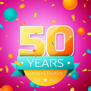 Gerçekçi elli yıl yıldönümü kutlamaları tasarım afiş. Altın numaraları ve mavi kurdele, balon, konfeti pembe bir arka plan üzerinde. Doğum günü partin için renkli vektör şablon öğeleri