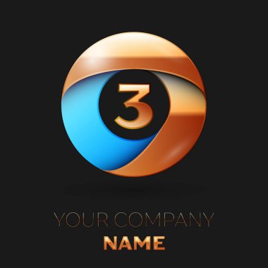 Gerçekçi altın üç numara logo sembol siyah arka plan üzerinde renkli altın-mavi daire şeklinde. Tasarımınız için vektör şablonu