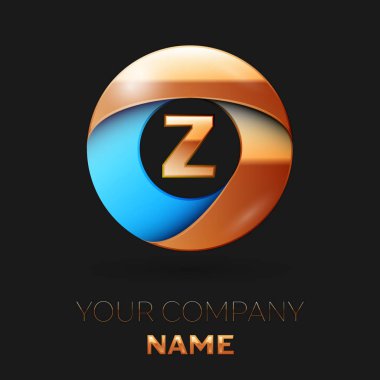 Gerçekçi altın harf Z logo sembol siyah arka plan üzerinde renkli altın-mavi daire şeklinde. Tasarımınız için vektör şablonu