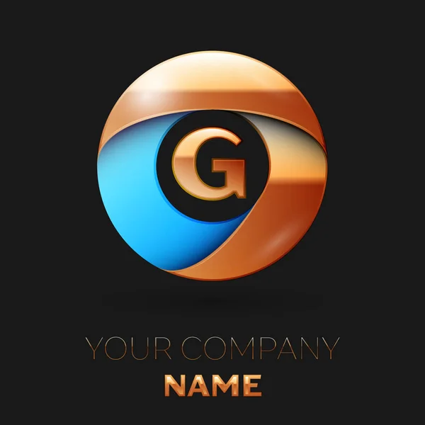 Ρεαλιστική σύμβολο λογότυπο χρυσή γράμμα G στο σχήμα πολύχρωμο χρυσή-μπλε κύκλο σε μαύρο φόντο. Διάνυσμα πρότυπο για το σχεδιασμό σας — Διανυσματικό Αρχείο
